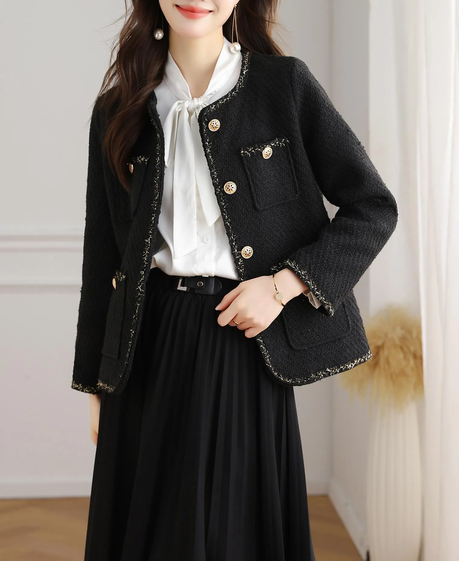Stylish Cropped Black Blazer with French Flair and Contrast Trim