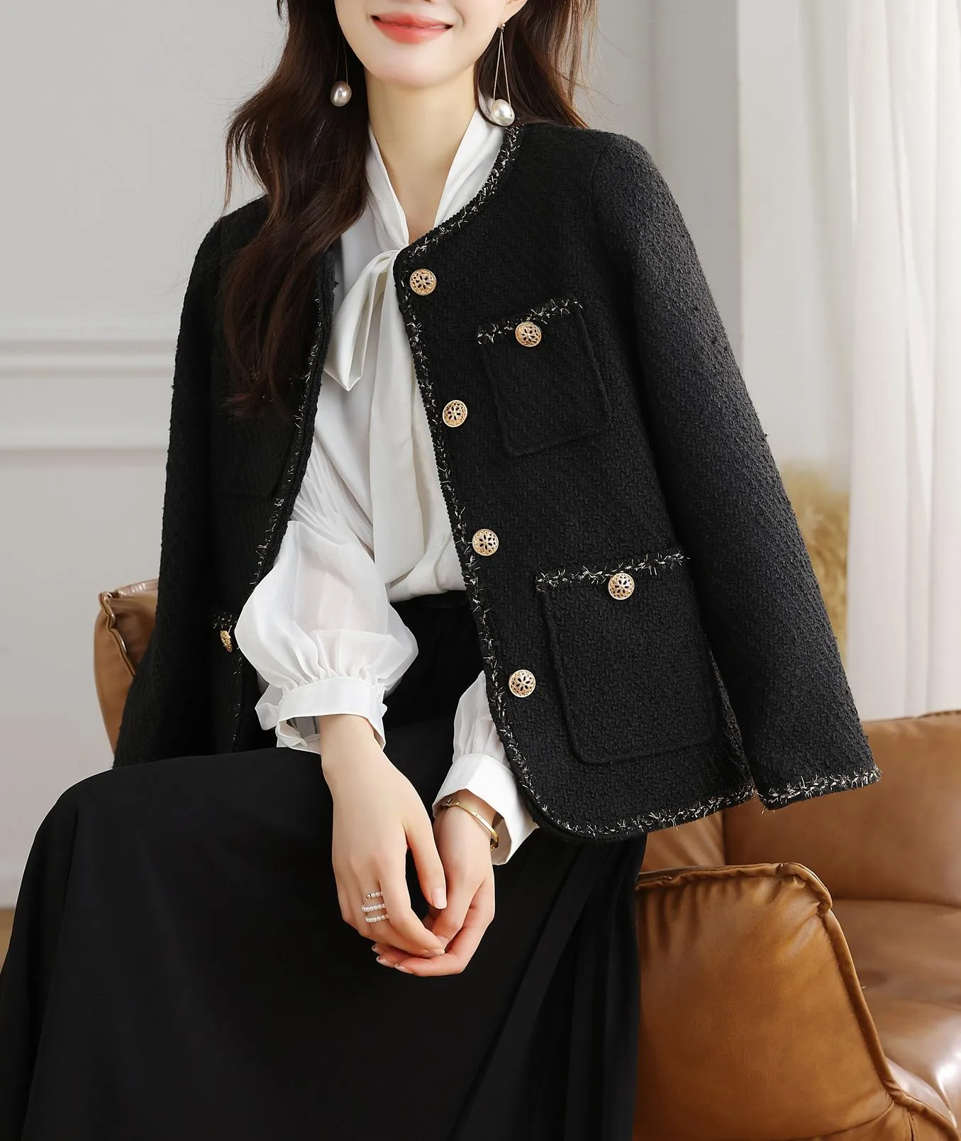 Stylish Cropped Black Blazer with French Flair and Contrast Trim