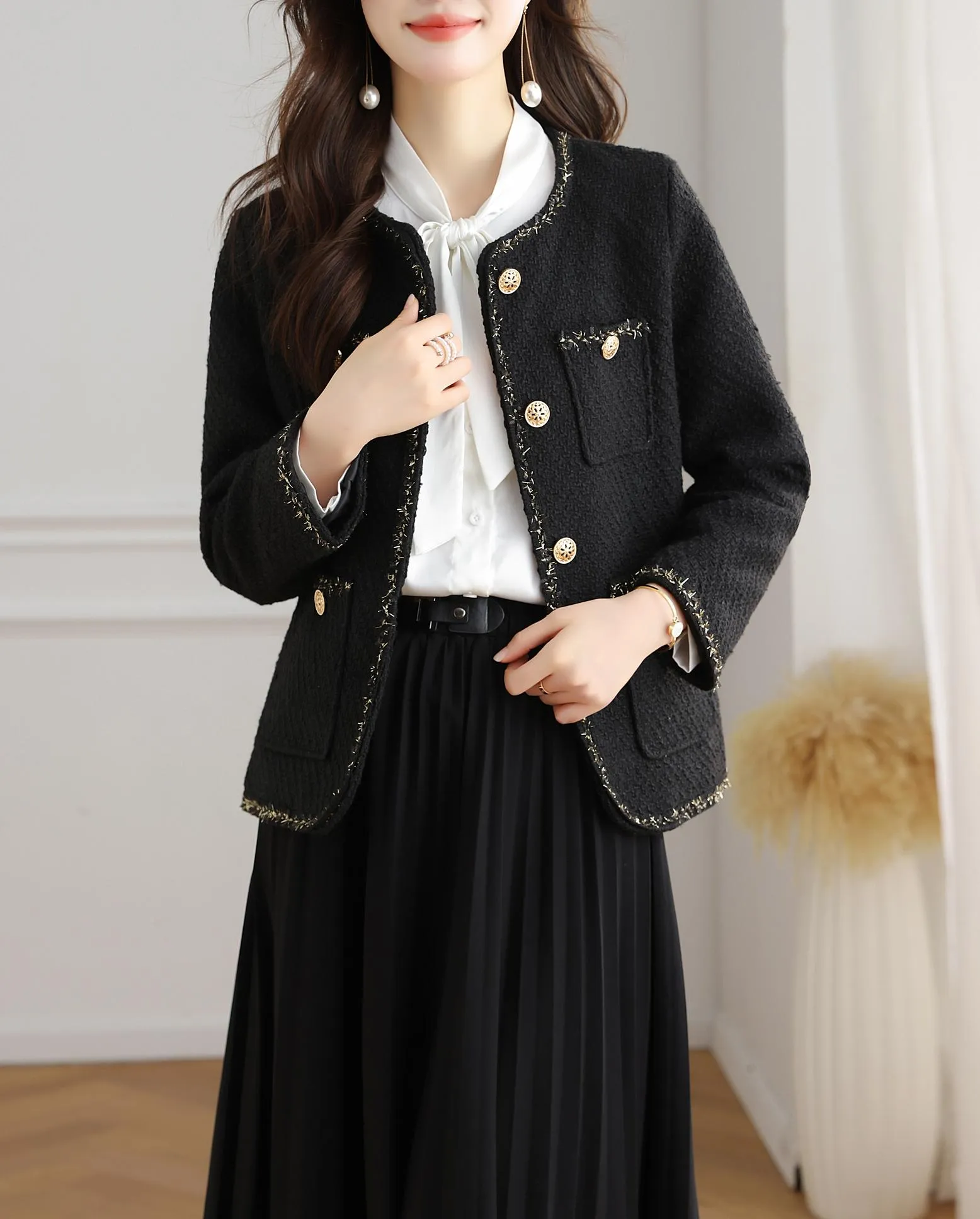Stylish Cropped Black Blazer with French Flair and Contrast Trim