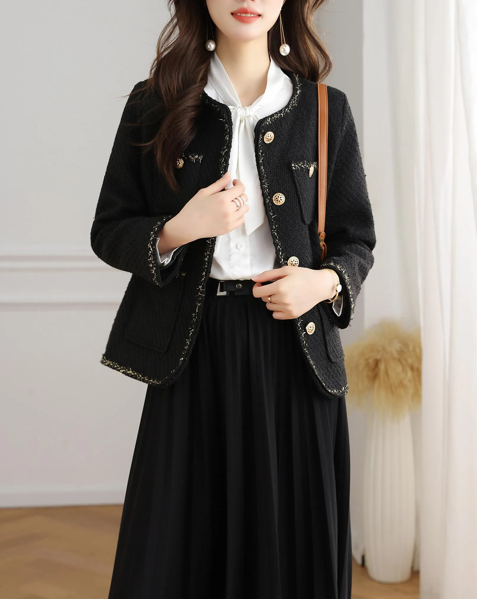Stylish Cropped Black Blazer with French Flair and Contrast Trim