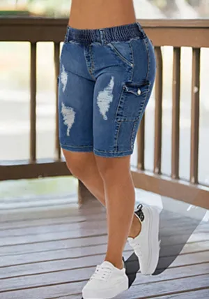 Stylish Elastic High-Waist Ripped Knee-Length Denim Shorts for Effortless Comfort