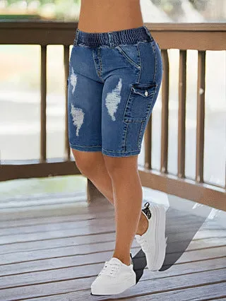 Stylish Elastic High-Waist Ripped Knee-Length Denim Shorts for Effortless Comfort