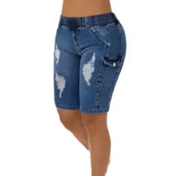 Stylish Elastic High-Waist Ripped Knee-Length Denim Shorts for Effortless Comfort