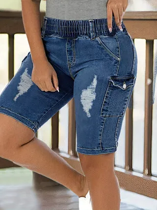 Stylish Elastic High-Waist Ripped Knee-Length Denim Shorts for Effortless Comfort