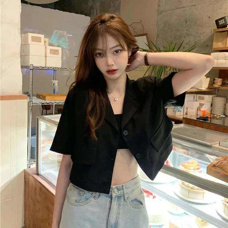 Summer Short Sleeve Cropped Jacket Women Korean Fashion Buttons Thin Blazer Woman Woman 2023 Solid Color Short Suit Coats Mujer