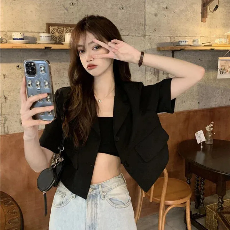 Summer Short Sleeve Cropped Jacket Women Korean Fashion Buttons Thin Blazer Woman Woman 2023 Solid Color Short Suit Coats Mujer