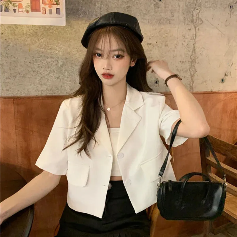 Summer Short Sleeve Cropped Jacket Women Korean Fashion Buttons Thin Blazer Woman Woman 2023 Solid Color Short Suit Coats Mujer