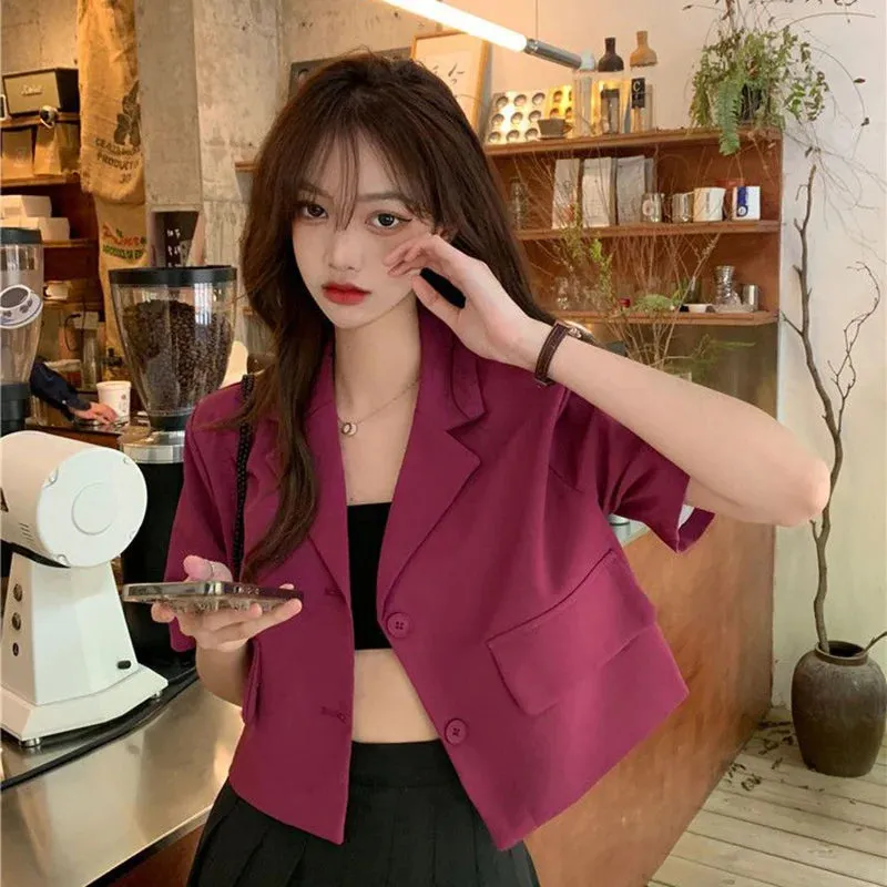 Summer Short Sleeve Cropped Jacket Women Korean Fashion Buttons Thin Blazer Woman Woman 2023 Solid Color Short Suit Coats Mujer
