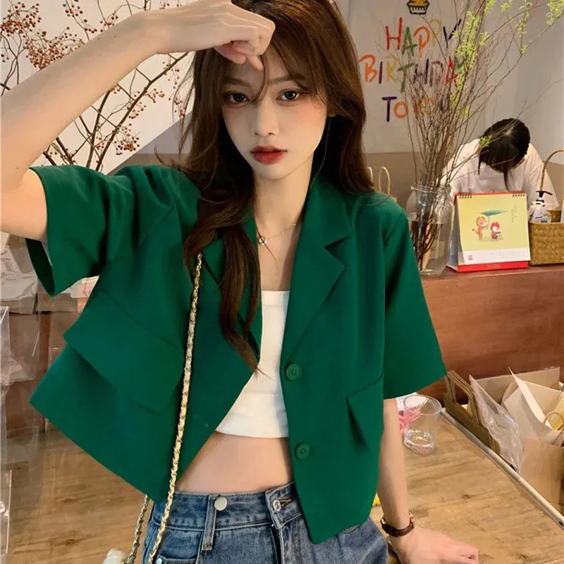 Summer Short Sleeve Cropped Jacket Women Korean Fashion Buttons Thin Blazer Woman Woman 2023 Solid Color Short Suit Coats Mujer