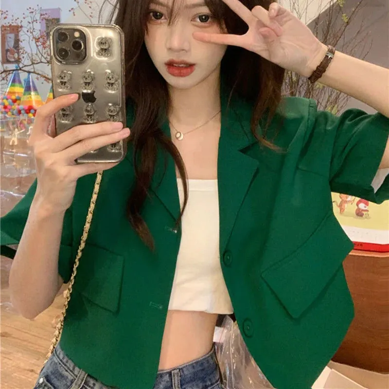Summer Short Sleeve Cropped Jacket Women Korean Fashion Buttons Thin Blazer Woman Woman 2023 Solid Color Short Suit Coats Mujer
