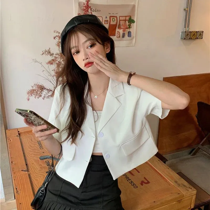 Summer Short Sleeve Cropped Jacket Women Korean Fashion Buttons Thin Blazer Woman Woman 2023 Solid Color Short Suit Coats Mujer