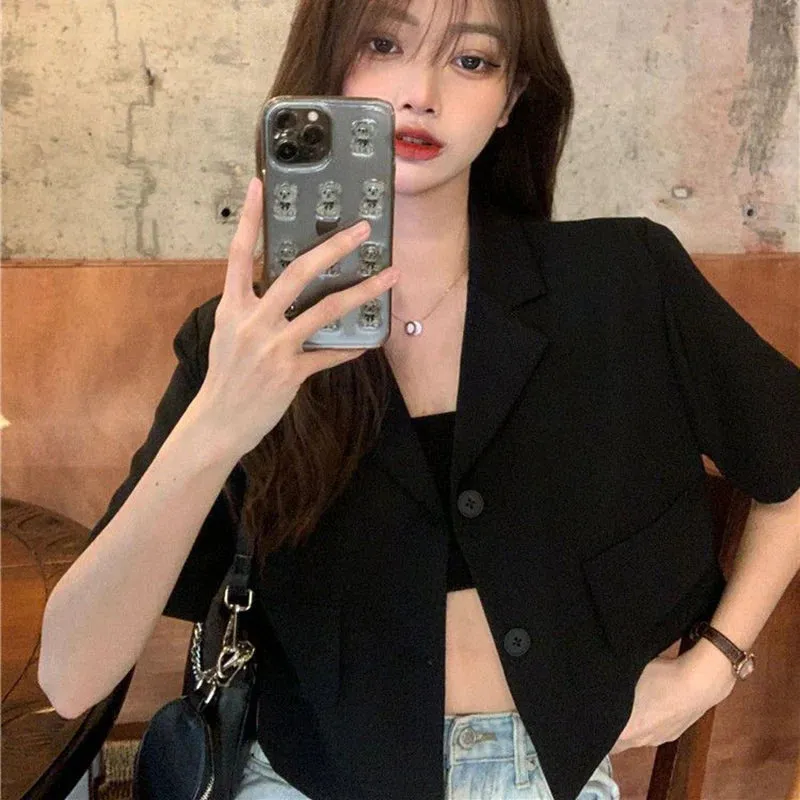 Summer Short Sleeve Cropped Jacket Women Korean Fashion Buttons Thin Blazer Woman Woman 2023 Solid Color Short Suit Coats Mujer