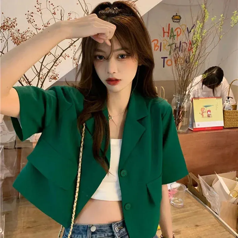 Summer Short Sleeve Cropped Jacket Women Korean Fashion Buttons Thin Blazer Woman Woman 2023 Solid Color Short Suit Coats Mujer