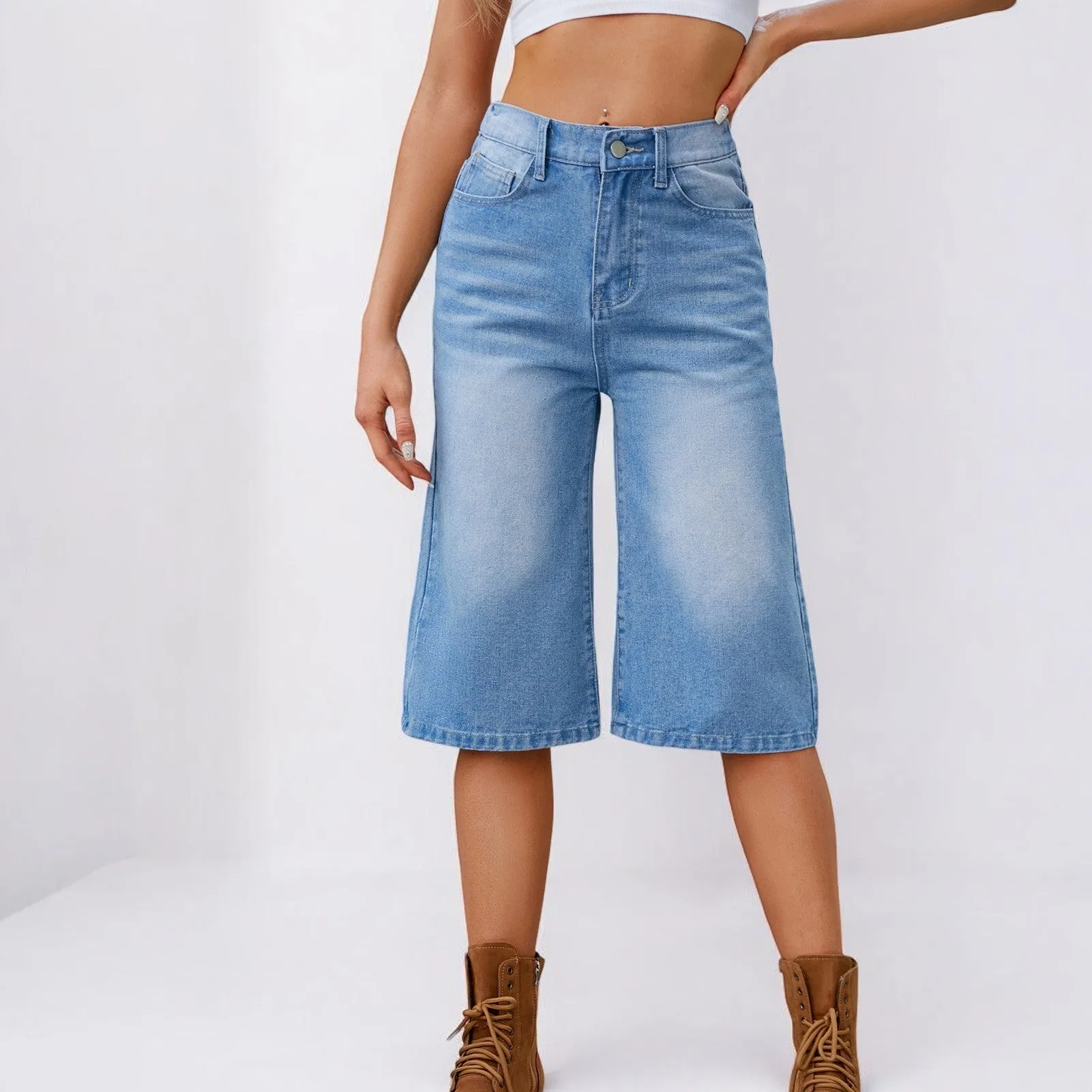 Summer Washed Denim Cropped Shorts