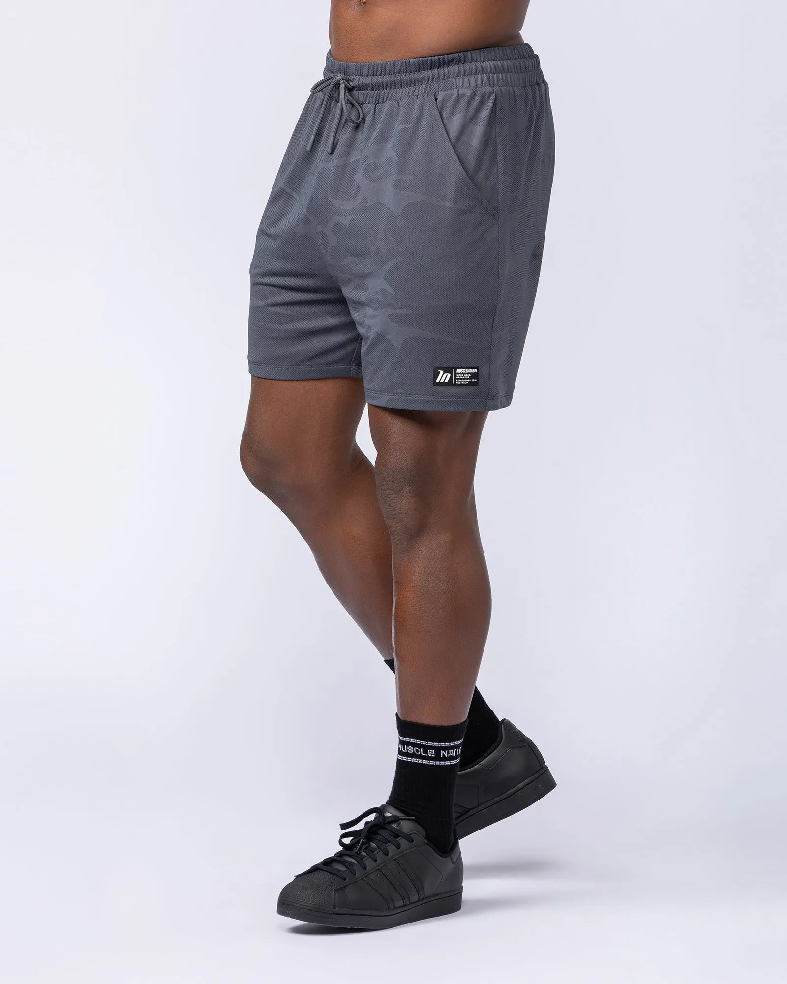 Tech Camo Lay Up 5" Shorts - Dark Grey Camo