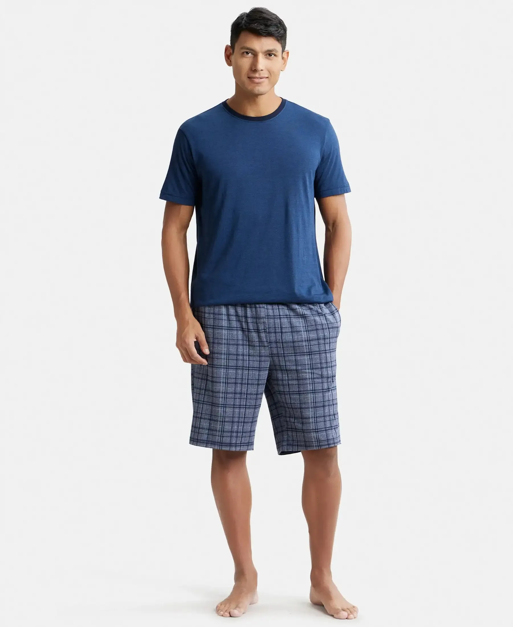 Tencel Micro Modal Cotton Elastane Stretch Regular Fit Checkered Sleep Shorts with Side Pockets - Mid Blue Print1