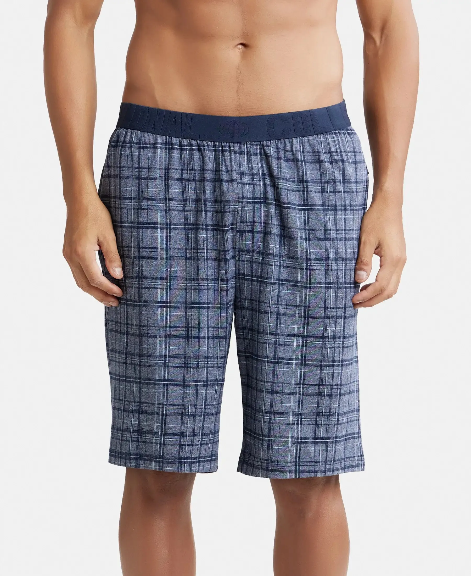 Tencel Micro Modal Cotton Elastane Stretch Regular Fit Checkered Sleep Shorts with Side Pockets - Mid Blue Print1
