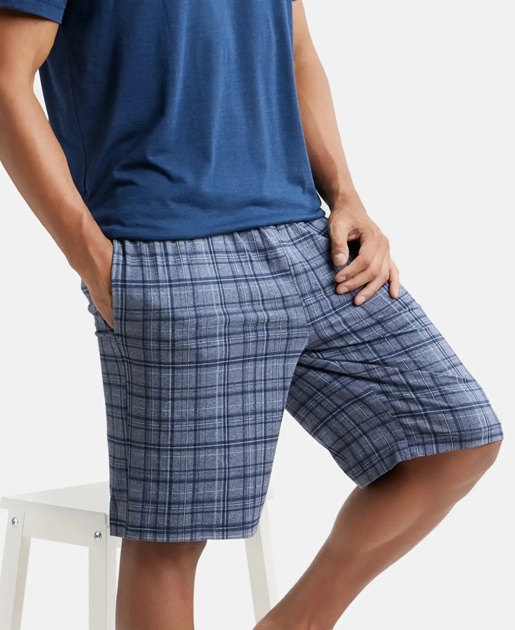 Tencel Micro Modal Cotton Elastane Stretch Regular Fit Checkered Sleep Shorts with Side Pockets - Mid Blue Print1