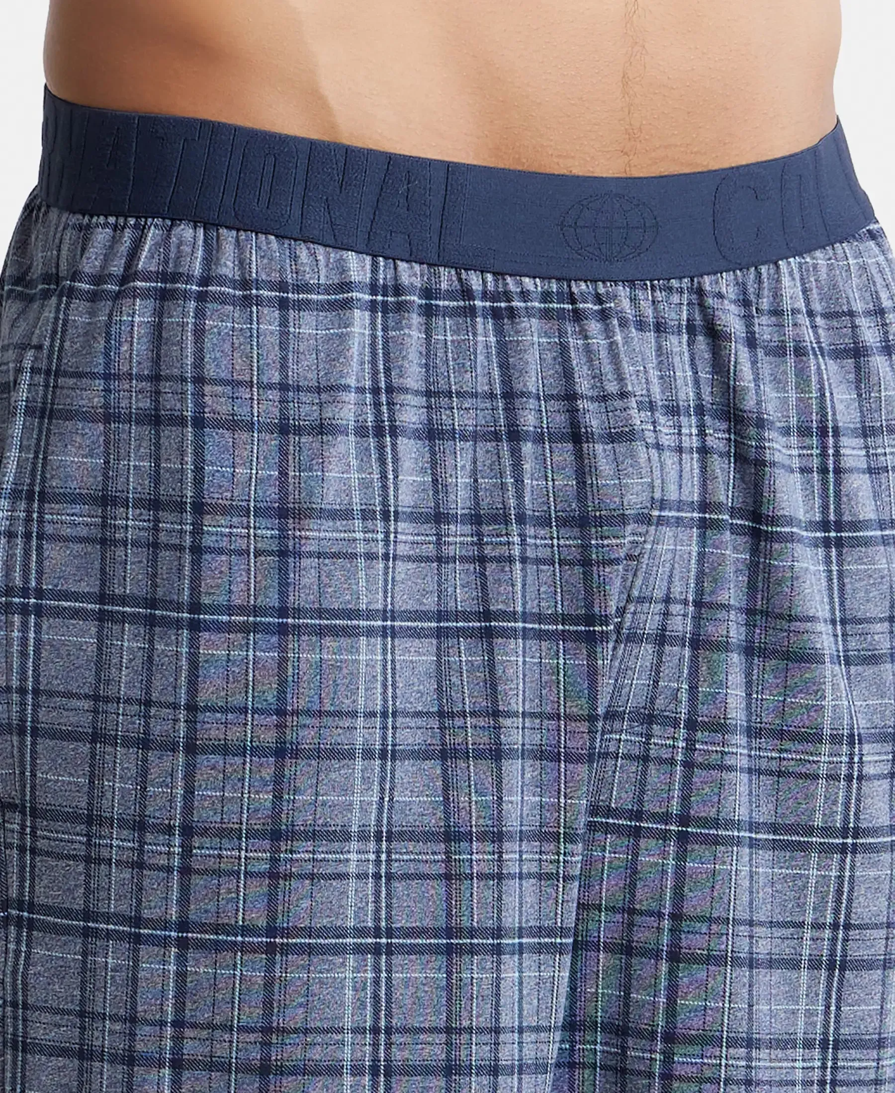 Tencel Micro Modal Cotton Elastane Stretch Regular Fit Checkered Sleep Shorts with Side Pockets - Mid Blue Print1