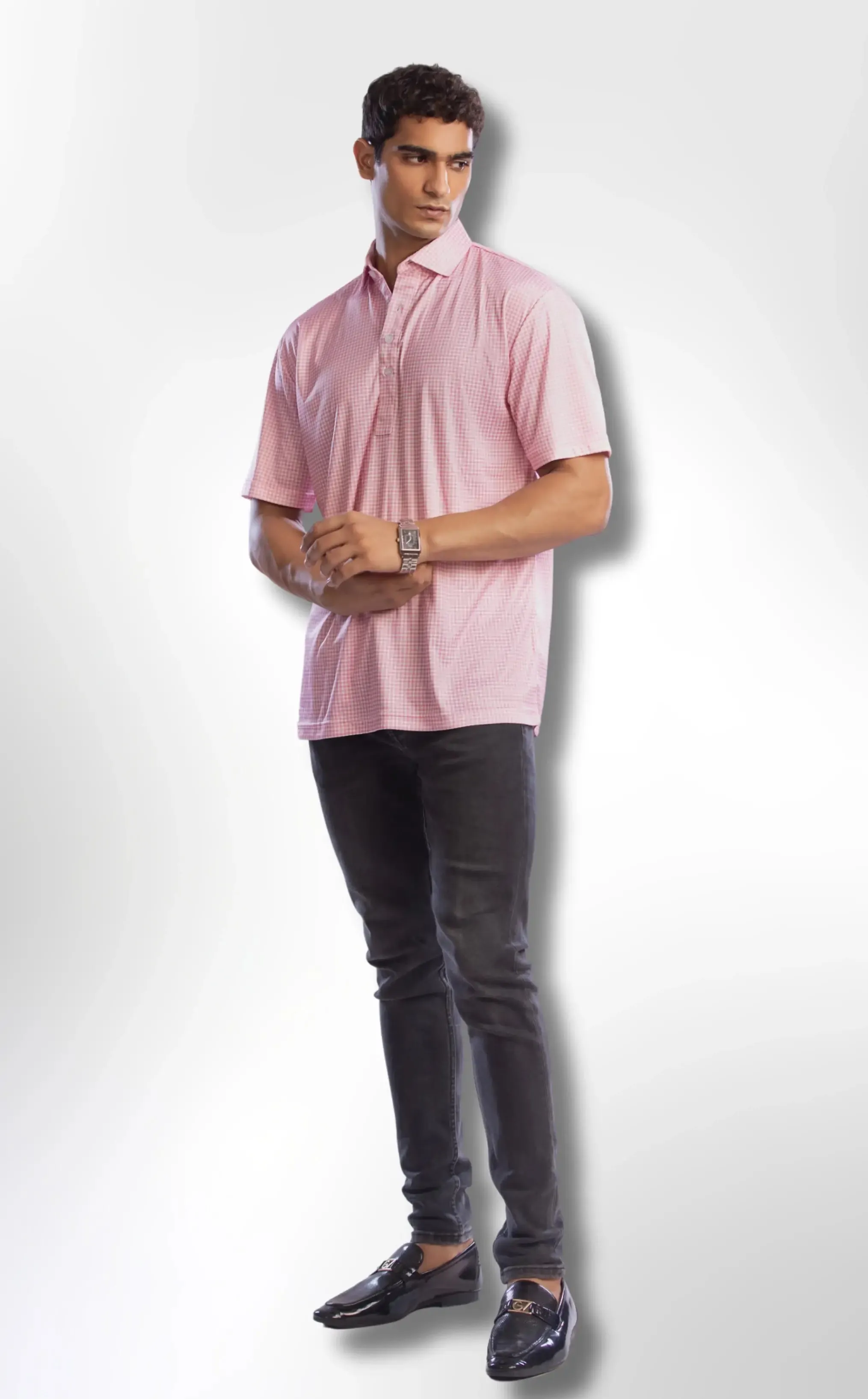 The Dressy Polo Semi-Spread Collar Pink Gingham