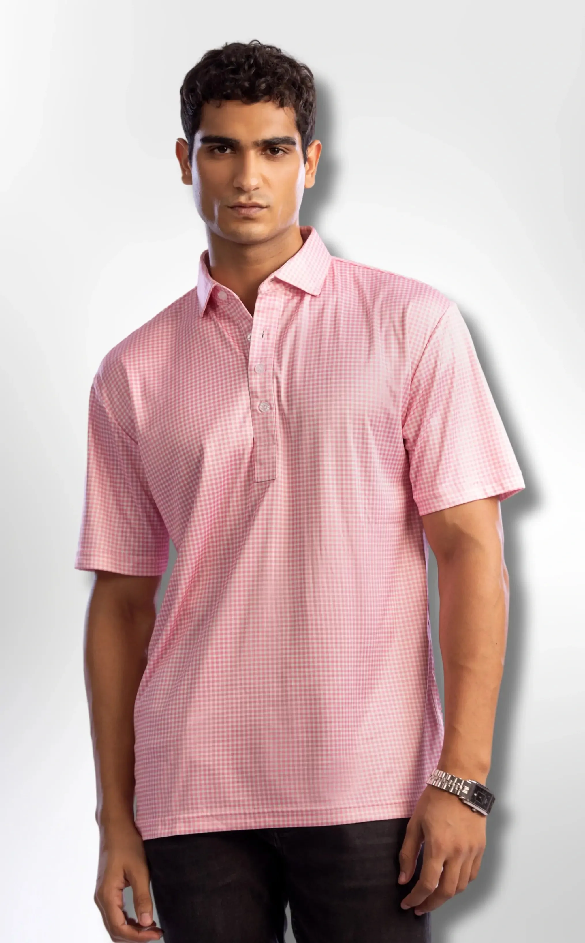 The Dressy Polo Semi-Spread Collar Pink Gingham