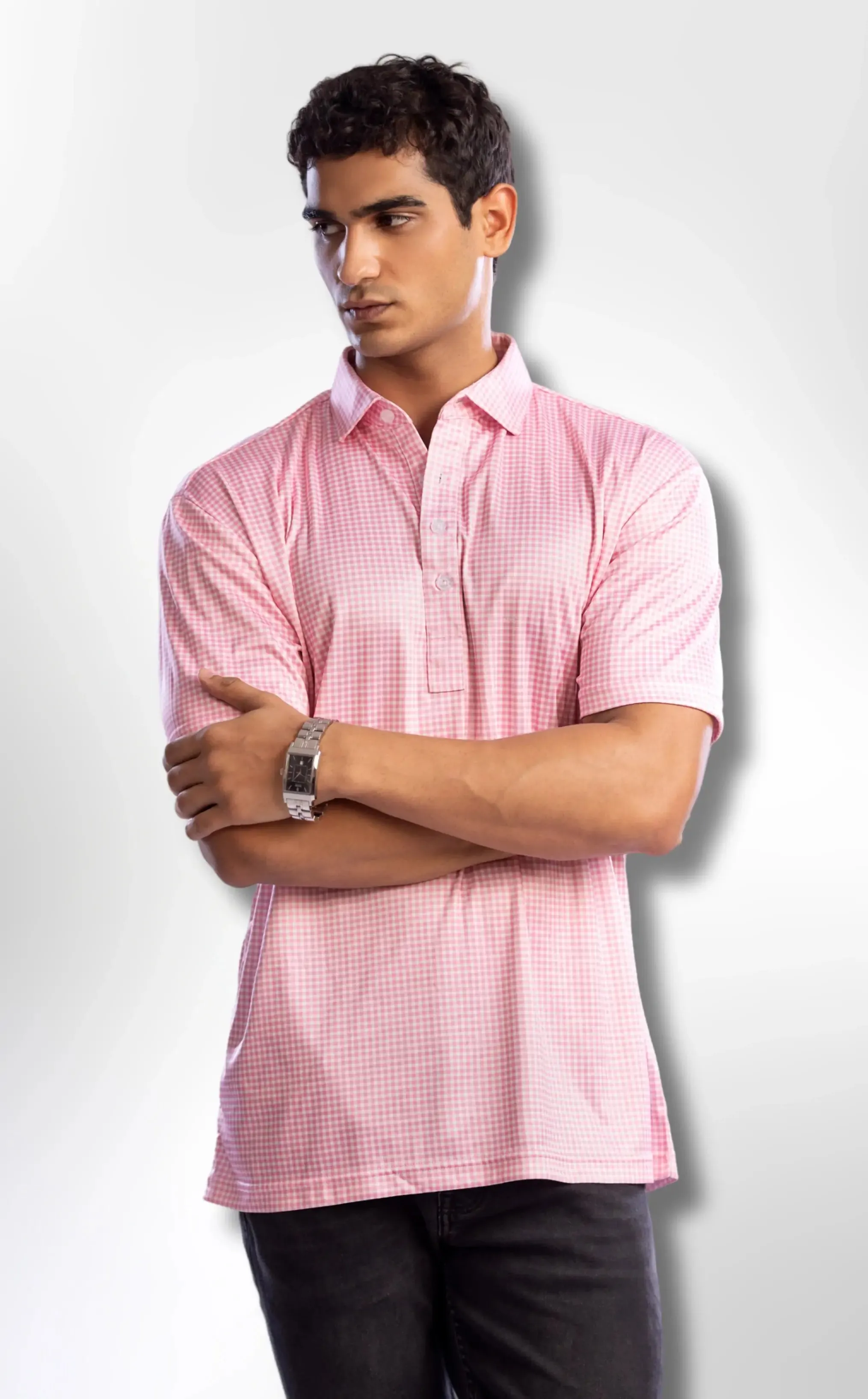 The Dressy Polo Semi-Spread Collar Pink Gingham