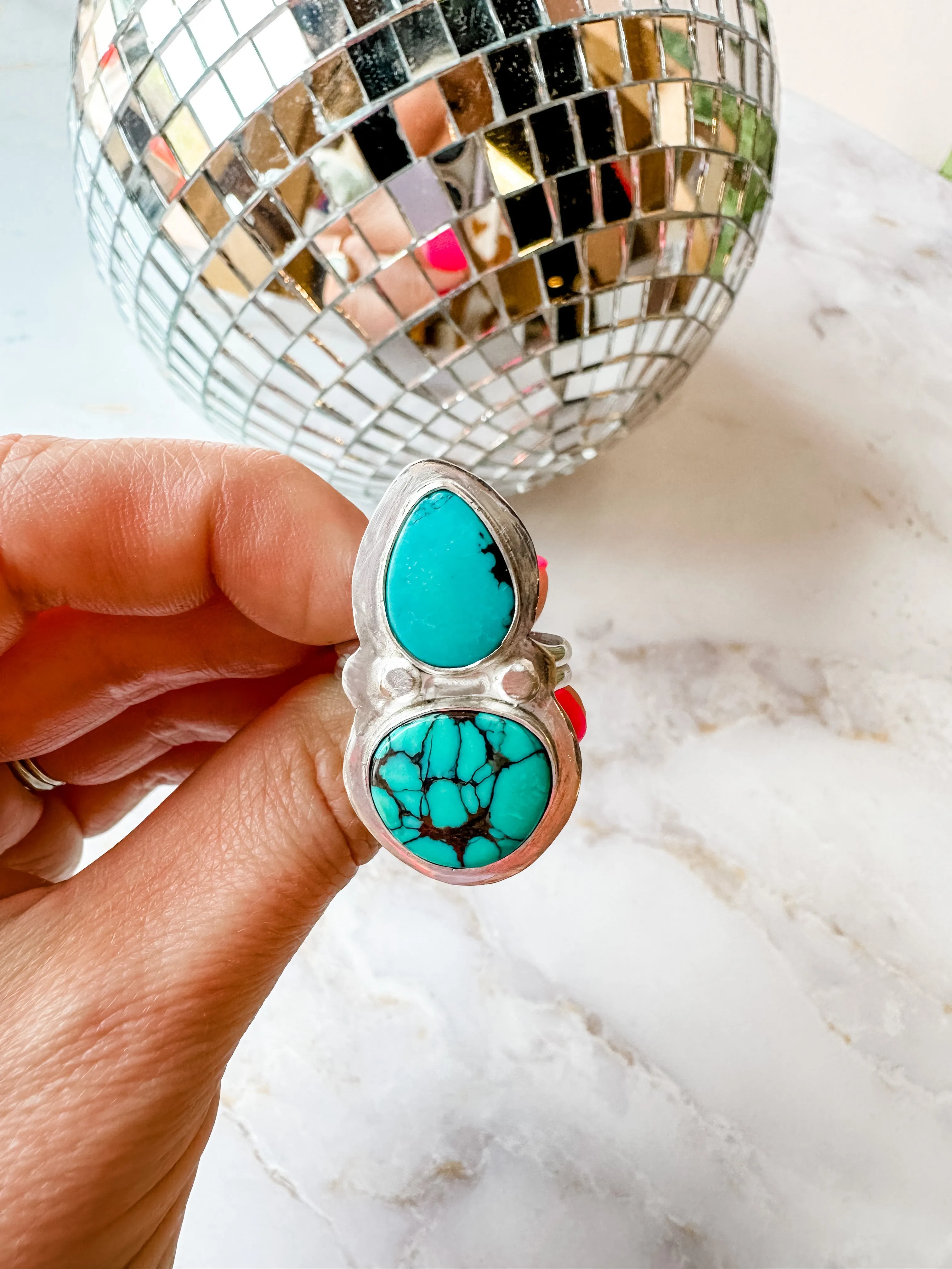 Two High Turquoise Silver Statement Ring Size 10