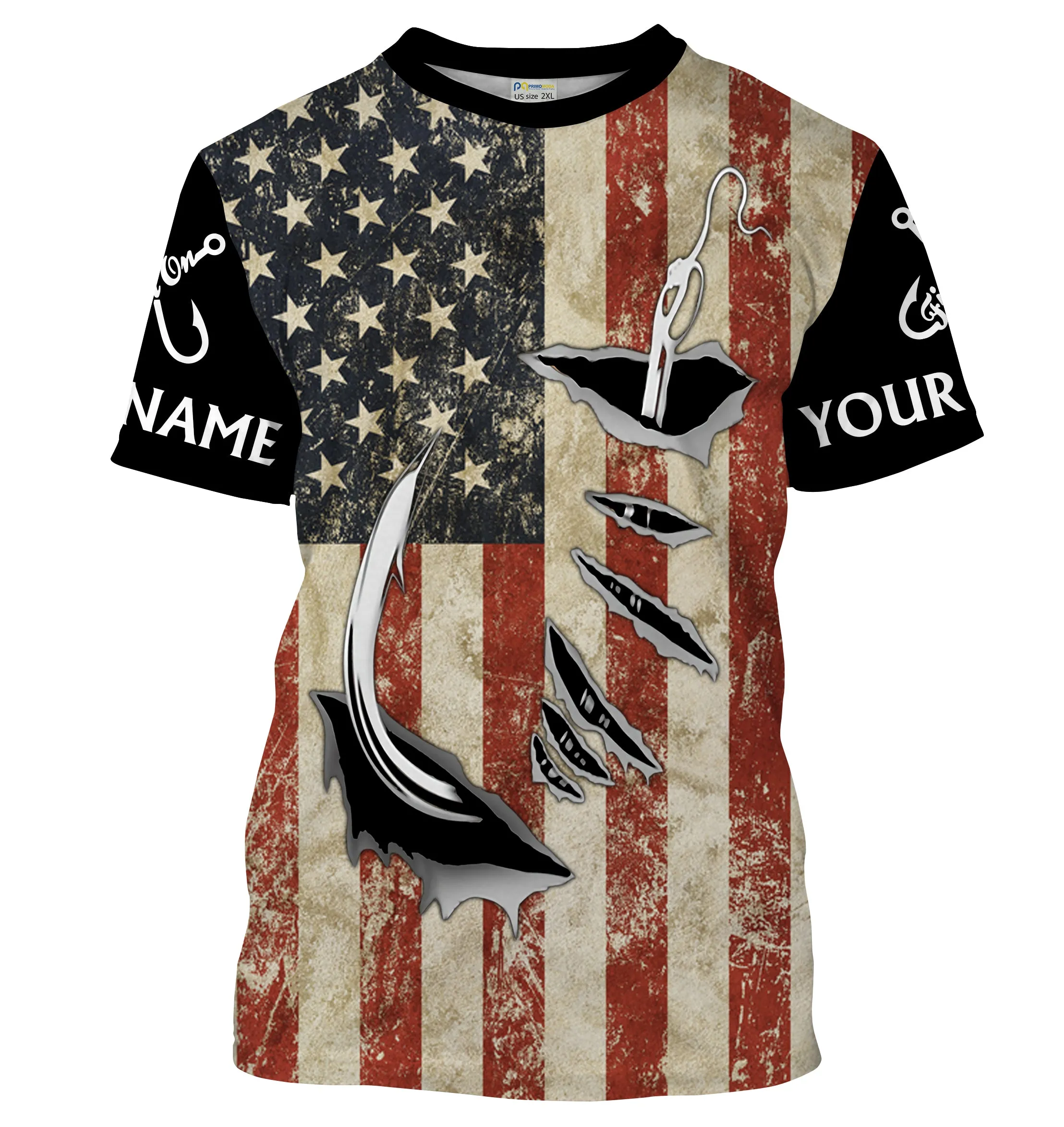 US Fishing Fish Hook American Flag patriotic Customize Name All-over Print Unisex fishing T-shirt NPQ71