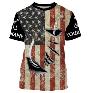 US Fishing Fish Hook American Flag patriotic Customize Name All-over Print Unisex fishing T-shirt NPQ71