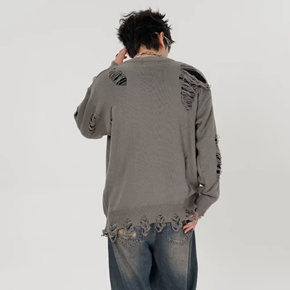 Versatile Solid Color Ripped Sweater