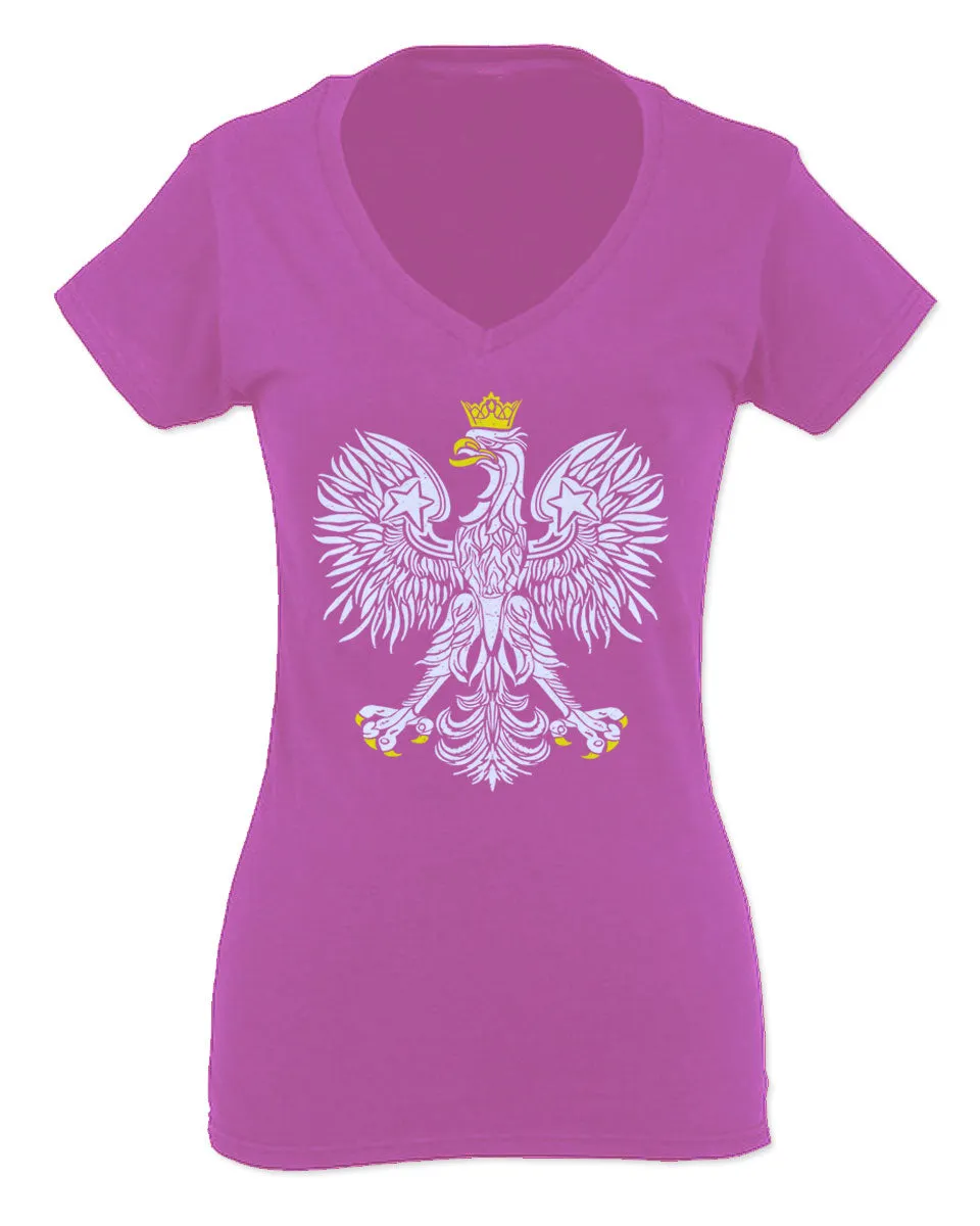 Vintage Poland Flag Coat of Arms Polska Polish Eagle For Women V neck fitted T Shirt