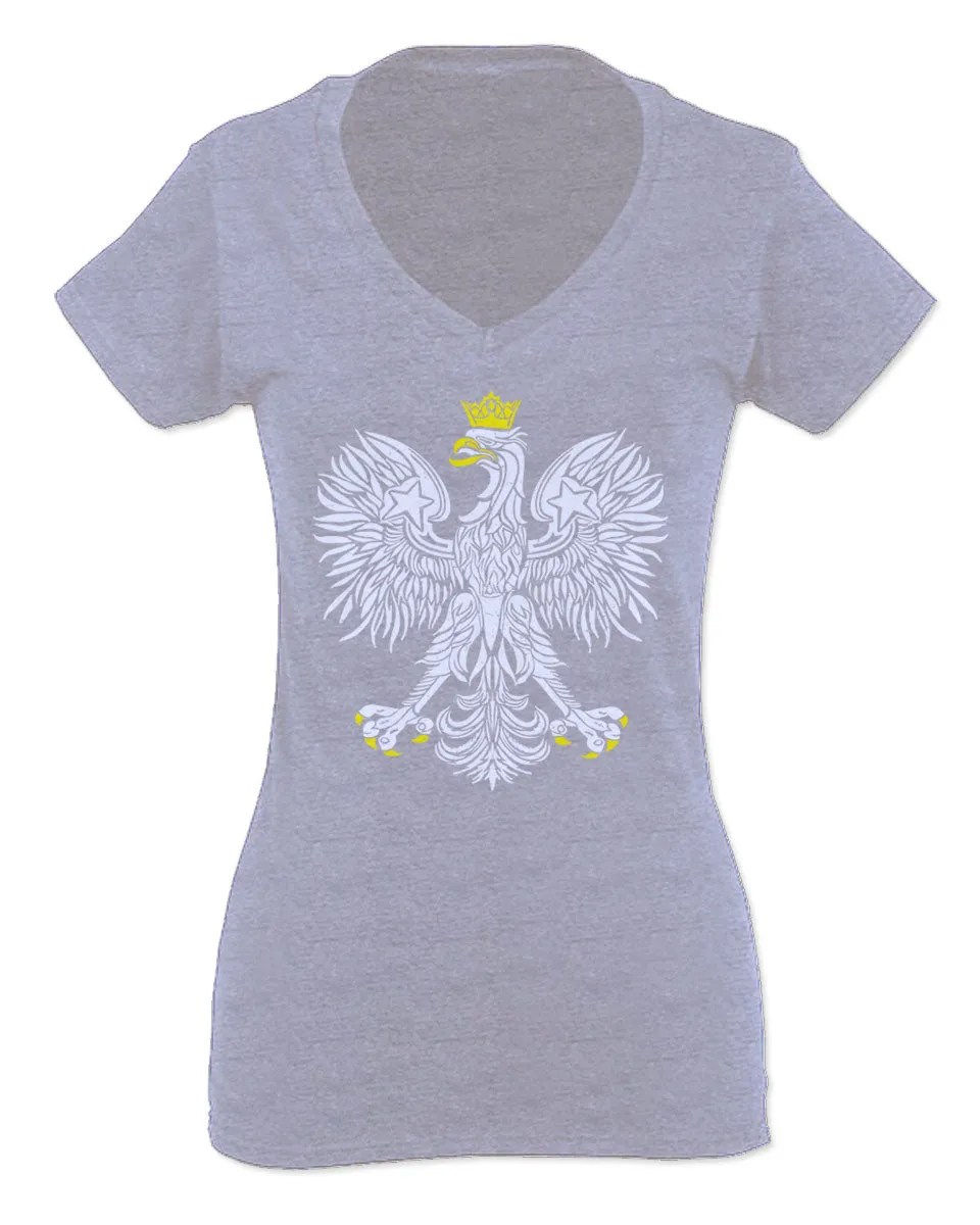 Vintage Poland Flag Coat of Arms Polska Polish Eagle For Women V neck fitted T Shirt