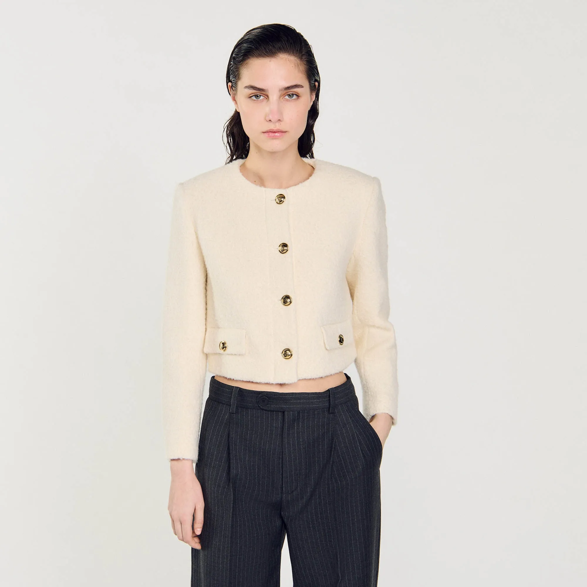Walle Cropped Bouclé Wool Jacket White