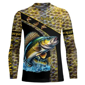 Walleye fishing yellow Walleye scales Custom name Walleye fishing Kid Long Sleeves shirts NQS4890
