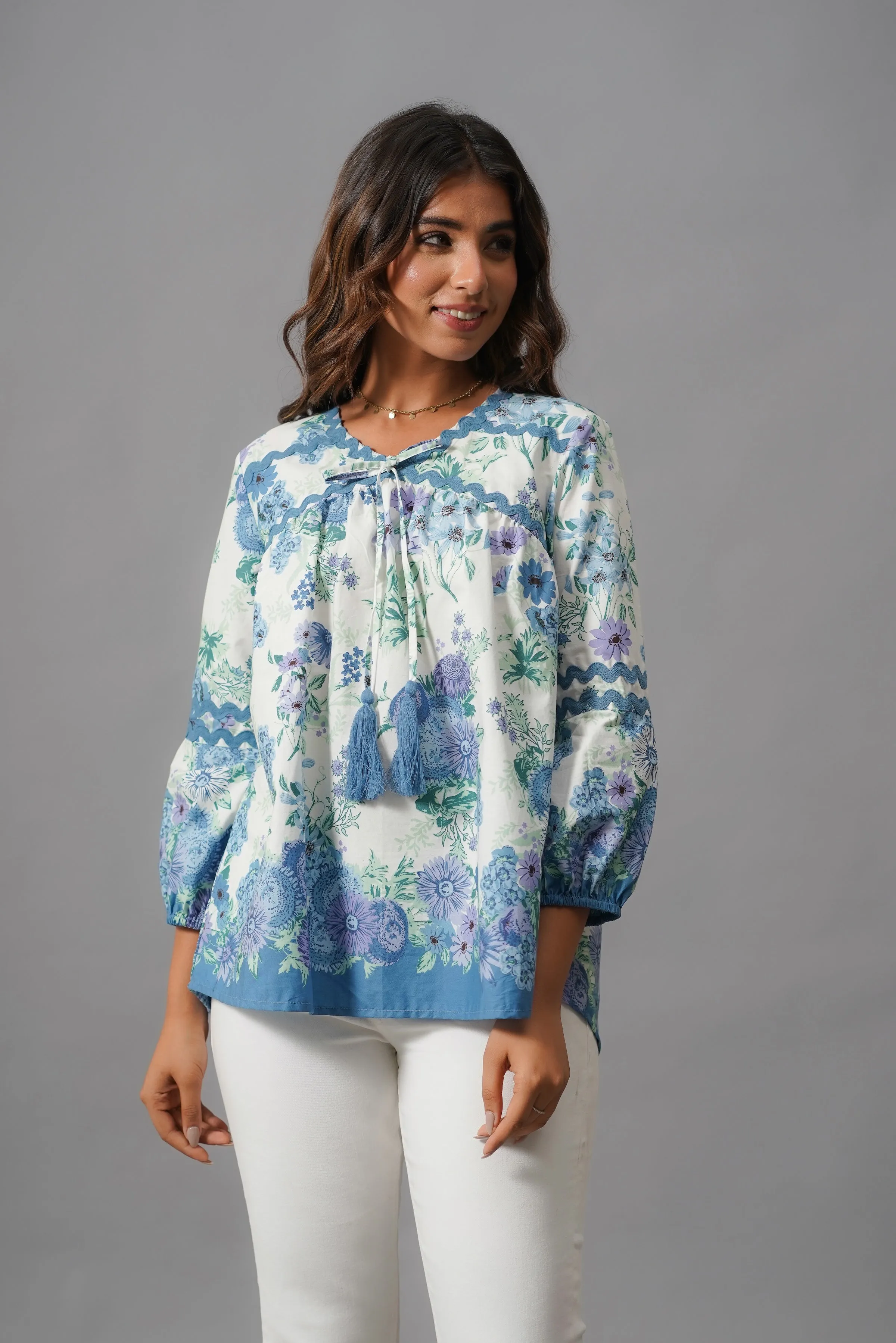 White and Blue Rayon Top