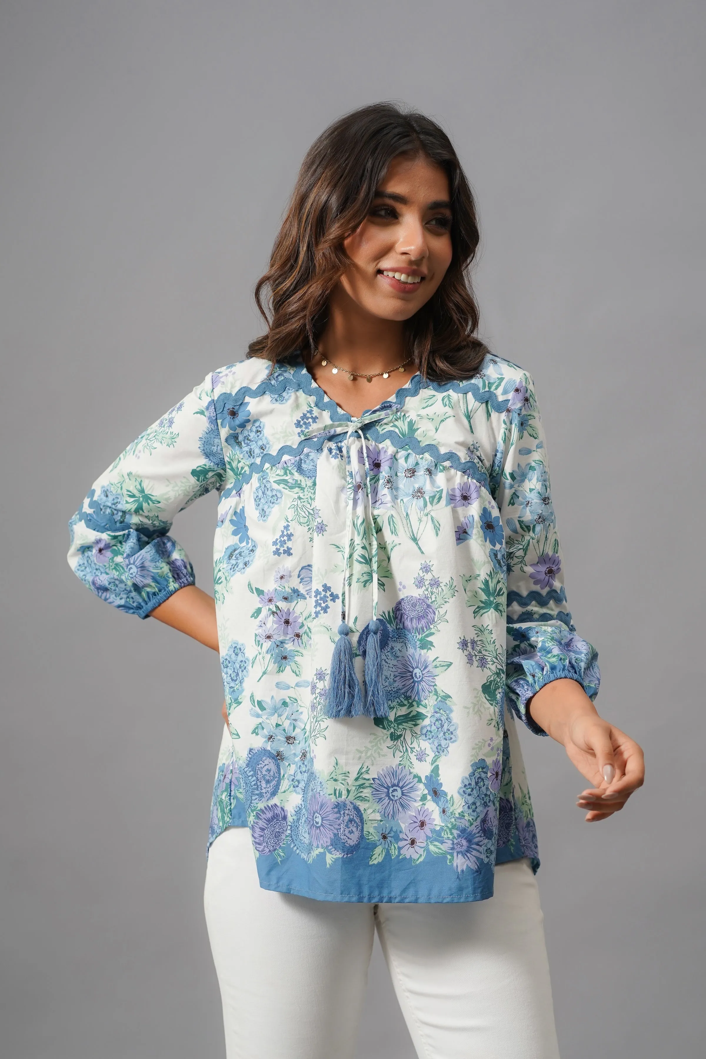 White and Blue Rayon Top