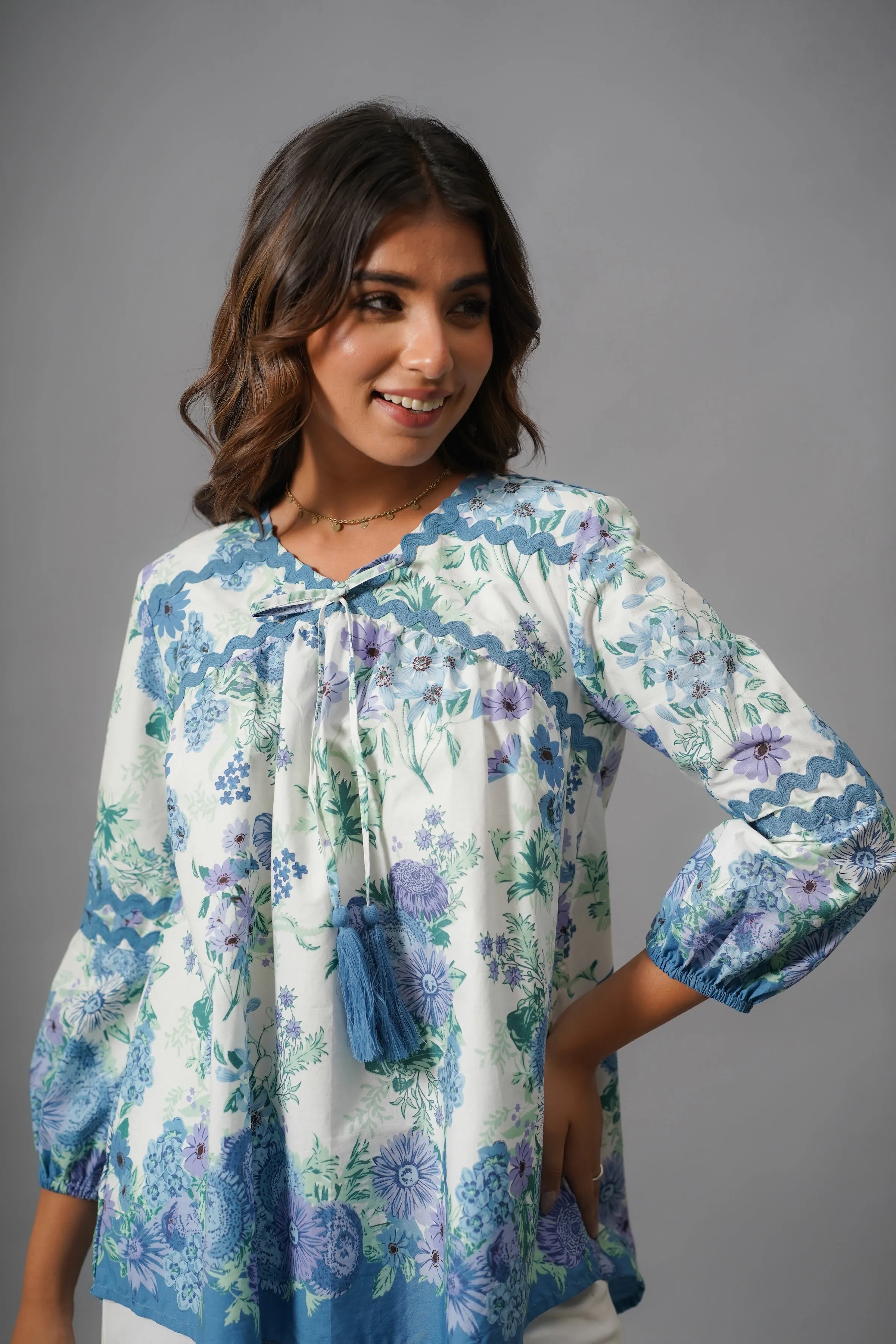 White and Blue Rayon Top