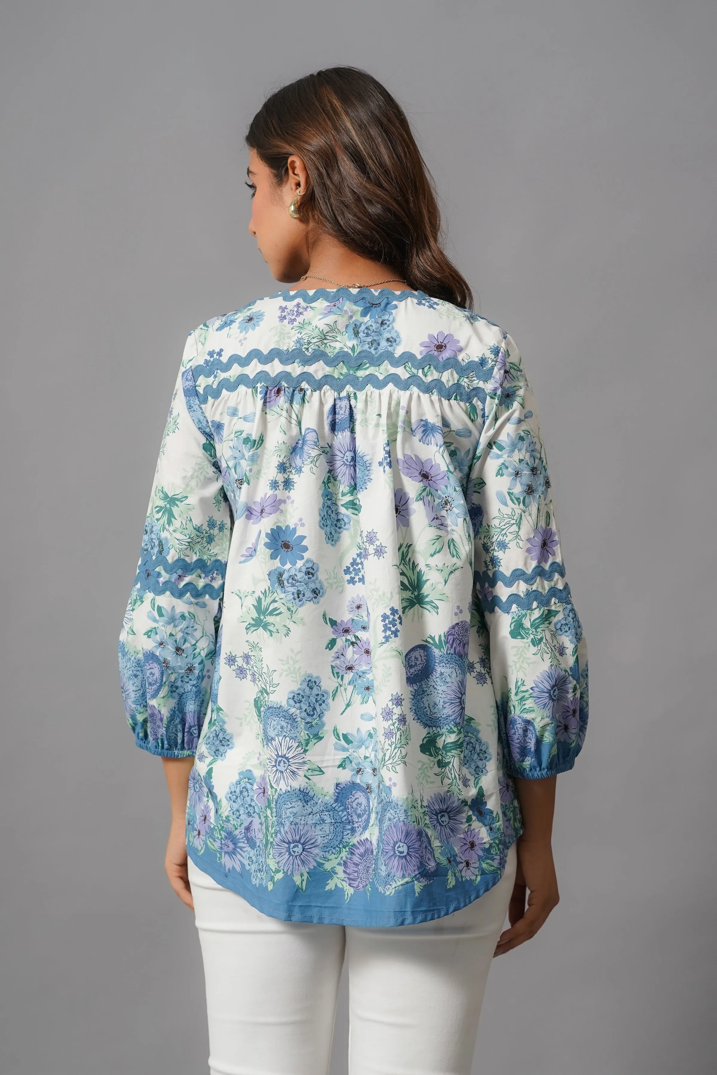 White and Blue Rayon Top