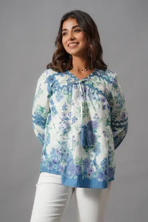 White and Blue Rayon Top