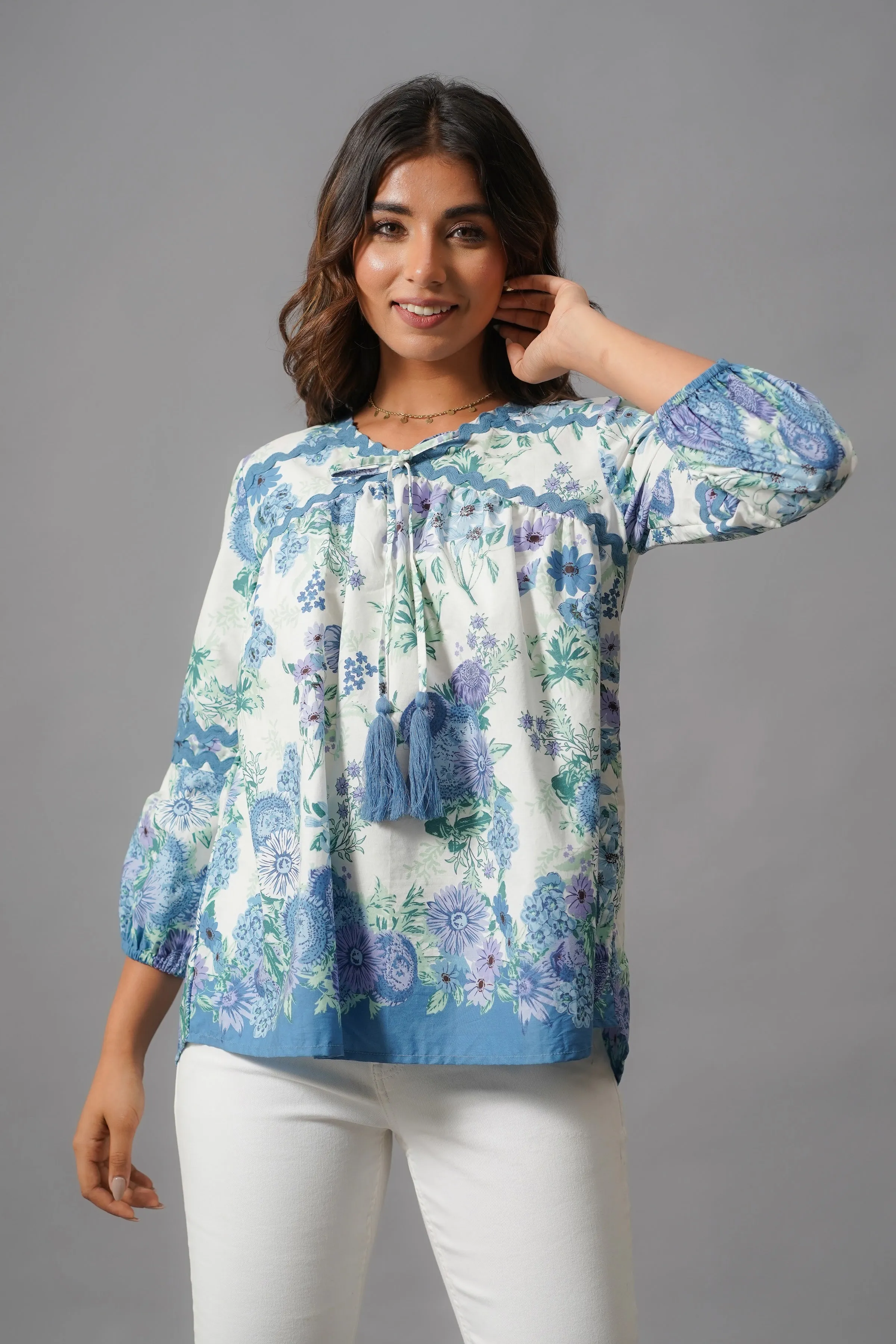 White and Blue Rayon Top