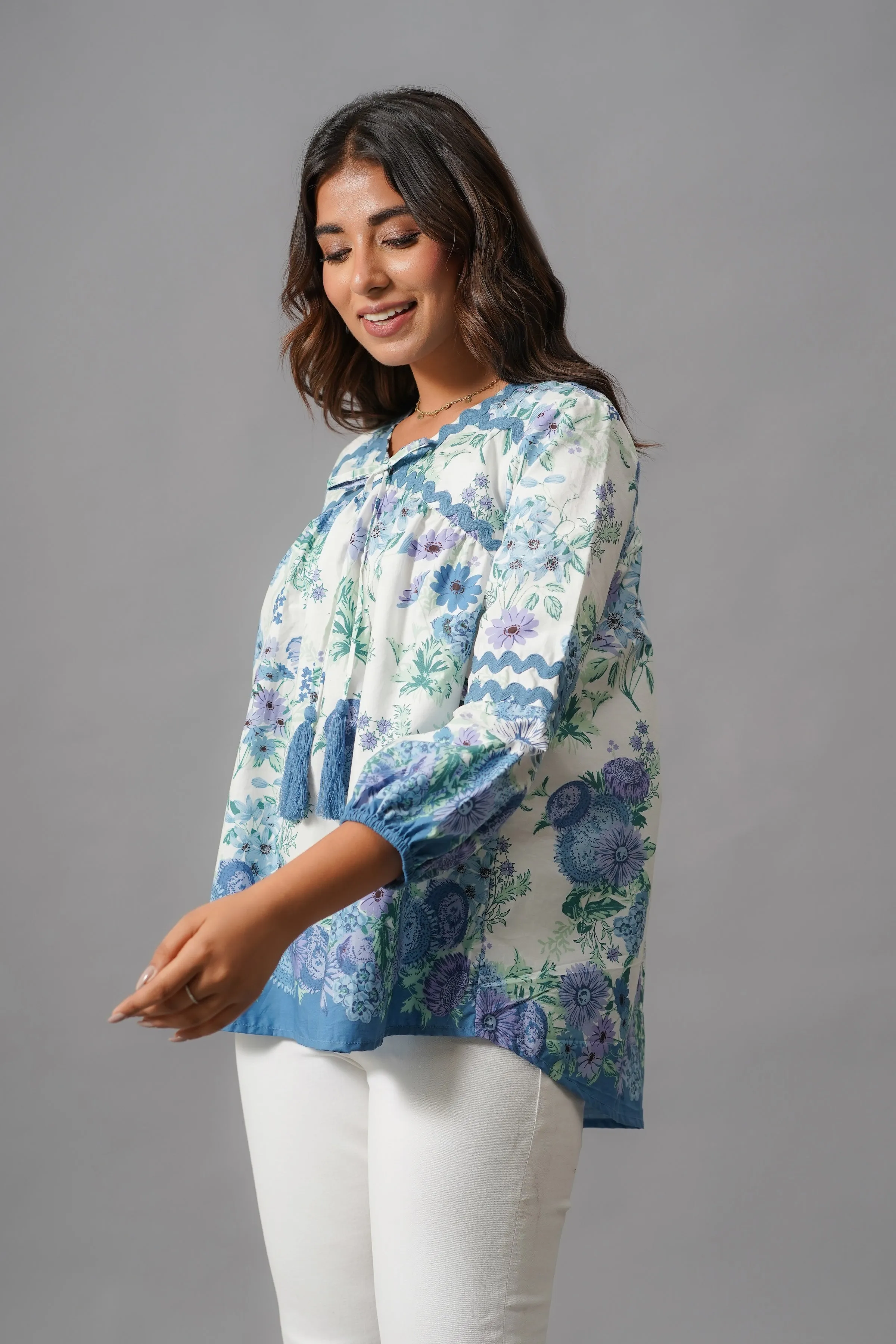 White and Blue Rayon Top