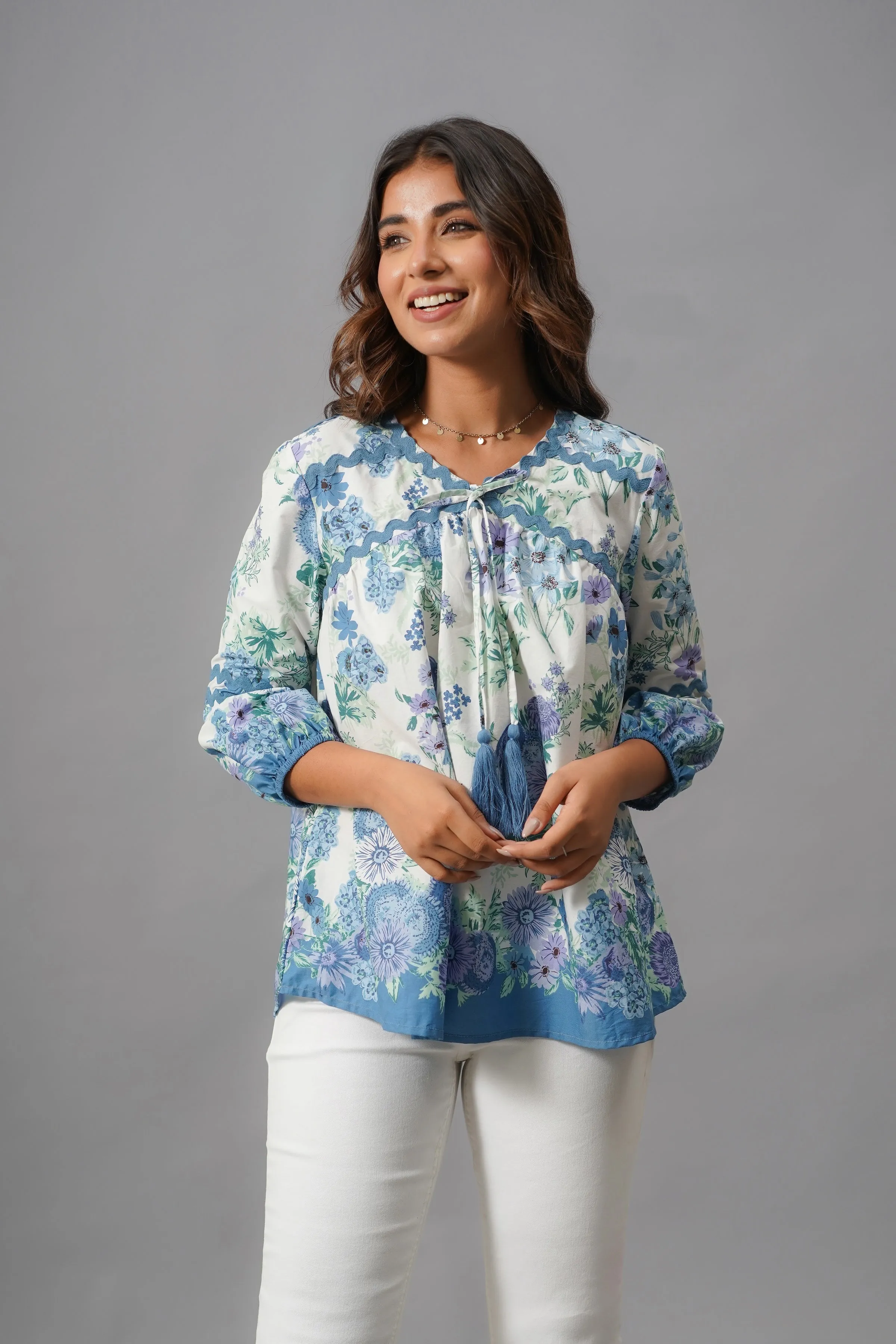White and Blue Rayon Top