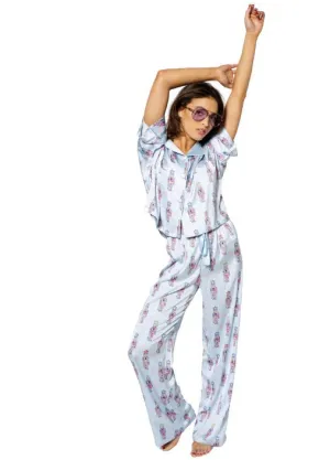 Womens Blue Silky Graffiti Nutcracker - 3/4 Sleeve with Pants Pajama Set