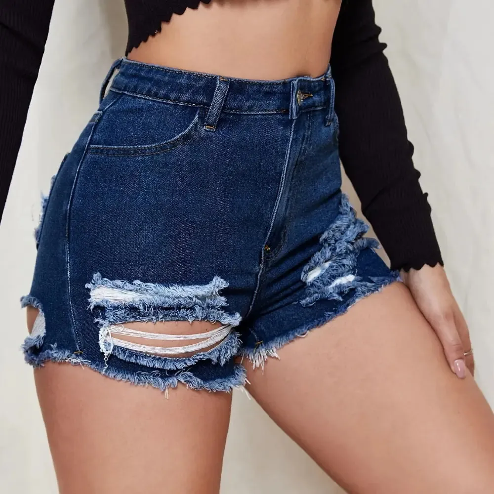 Women's Blue Slim Fit Denim Shorts for Beach & Events