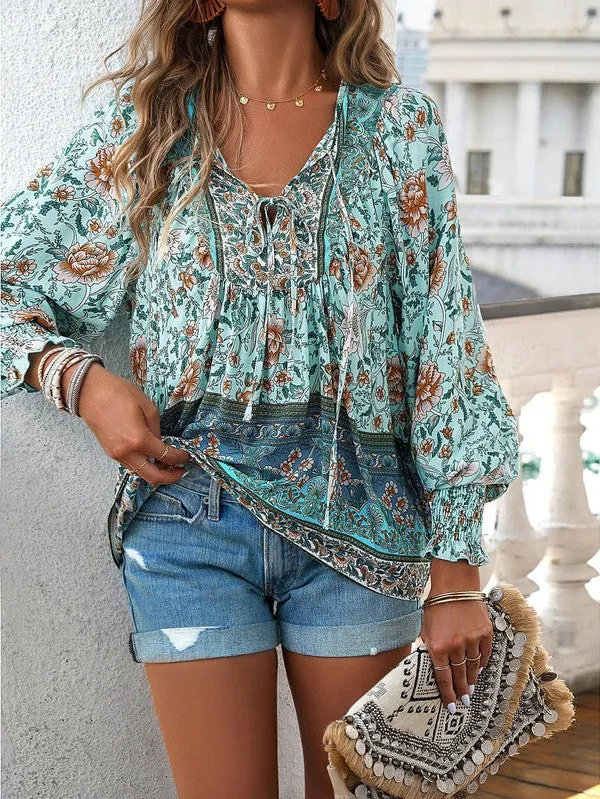 Women's Casual Boho V-neck Floral Blouse
