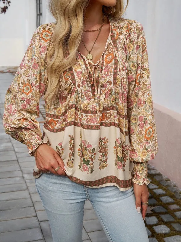 Women's Casual Boho V-neck Floral Blouse
