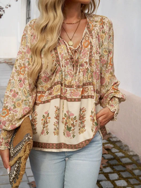 Women's Casual Boho V-neck Floral Blouse