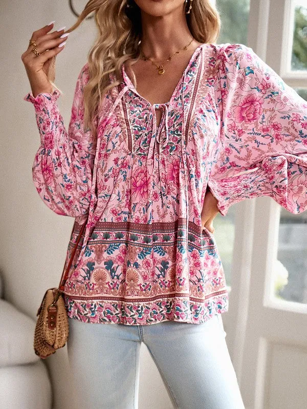 Women's Casual Boho V-neck Floral Blouse