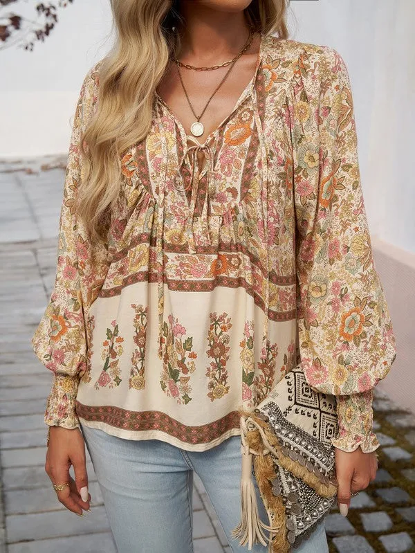 Women's Casual Boho V-neck Floral Blouse