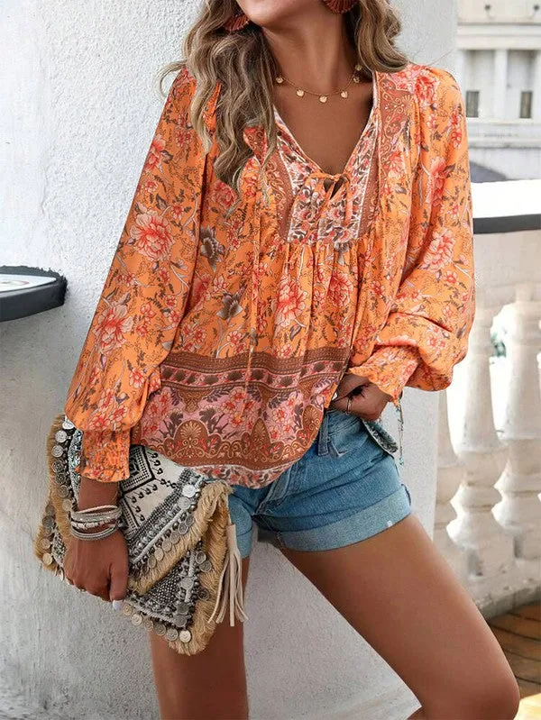 Women's Casual Boho V-neck Floral Blouse